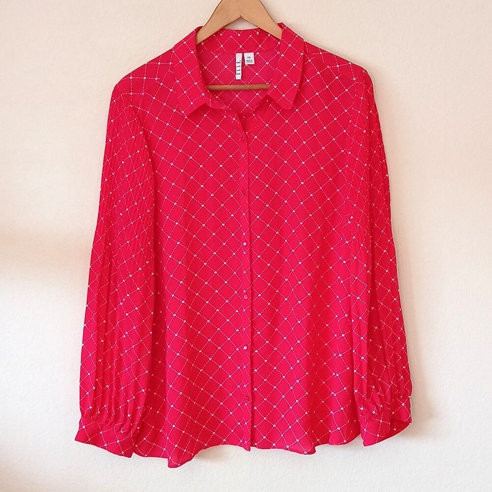 Elle red hearts button down blouse semi sheer
